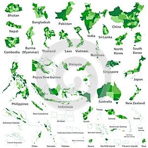 Asian, Australia and Oceania vector countries maps photo