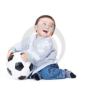 Asian baby boy feel excited playing soccer ball