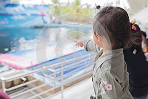 Asian baby girl enjoying to see dolphin show.