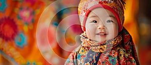 Asian Baby Posing Joyfully In Vibrant Clothing Against A Vivid Backdrop