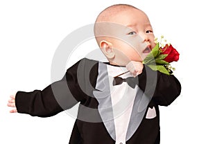 Asian baby in tuxedo