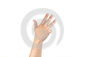 Asian back hand shows and counts 9 nine sign on finger on isolated white background. Clipping path