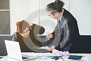 Asian Bad angry boss yelling at business man sad depressed employee reprimand from team leader missed deadline concept