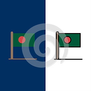 Asian, Bangla, Bangladesh, Country, Flag  Icons. Flat and Line Filled Icon Set Vector Blue Background