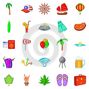 Asian beach icons set, cartoon style