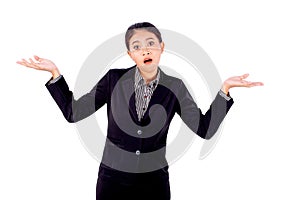 Asian beautiful business woman is acting of boring by shrugged pose on white background and also look confusion emotion photo