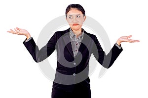 Asian beautiful business woman is acting of boring by shrugged on white background photo