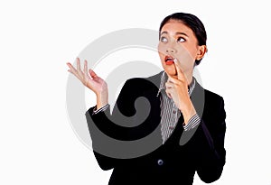 Asian beautiful business woman is acting by shrugged pose on white background and also look to her right side show curious emotion photo