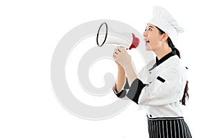 Asian beautiful chef standing on the white wall
