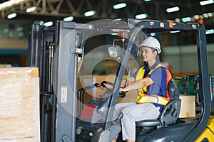 Asian beautiful woman driver drive fork lift car in industry with smile, ability of girl and diversity of career wearing helmet in