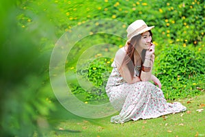 Asian beautiful young girl,wear florals maxi dress photo