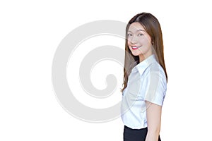 Asian beautiful young woman student is smiling confident and looking at camera in university while isolated on white background