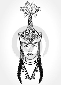 Asian beauty. Animation portrait of a beautiful girl in ancient national cap. Central Asia.