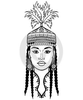 Asian beauty. Animation portrait of a beautiful girl in ancient national headdress and jewelry.