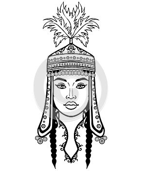 Asian beauty. Animation portrait of a beautiful girl in ancient national headdress and jewelry.