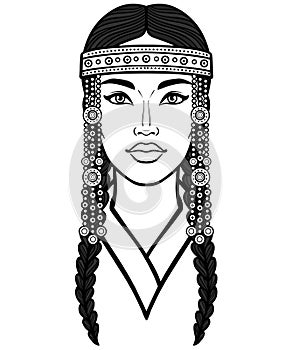 Asian beauty. Animation portrait of a beautiful girl in ancient national headdress and jewelry.