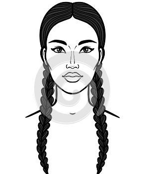 Asian beauty. Animation portrait of a beautiful girl with braids.