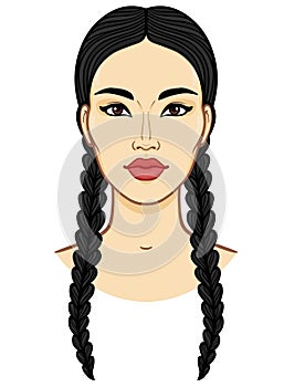 Asian beauty. Animation portrait of a beautiful girl with braids .