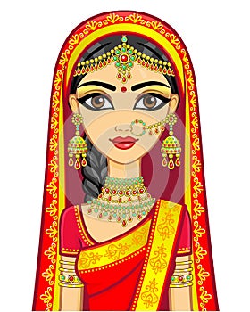 Asian beauty. Animation portrait of the young Indian girl in traditional clothes. Fairy tale princess.