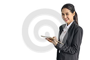 Asian beauty business woman in formal suit holding taplet communicating