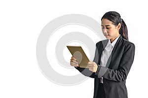 Asian beauty business woman in formal suit holding taplet communicating