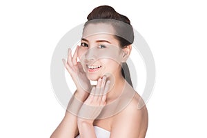 Asian beauty skincare woman touching skin on face