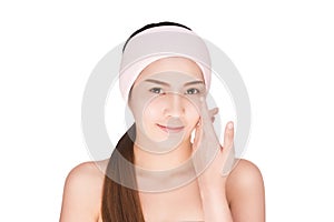 Asian beauty skincare woman touching skin on face