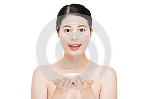 Asian beauty woman display presenting facial product