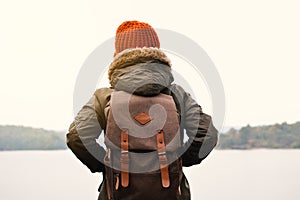 Asian boy backpack in nature winter season, Relax time on holiday