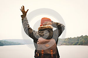 Asian boy backpack in nature winter season, Relax time on holiday