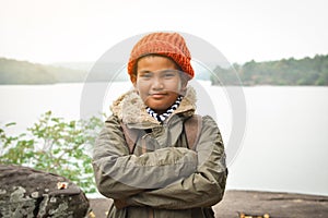 Asian boy backpack in nature winter season, Relax time on holiday concept travel