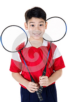 Asian boy in badminton action