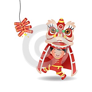 Asian boy celebrate Lunar new year with Lion dance performance and Chinese fire crackers firework.