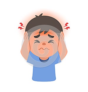 a Asian boy get a headache. illustration cartoon character vector design on white background. kid and health care concept