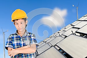 Asian boy with Group of Solar panel system
