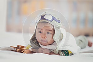 Asian boy in Japan air force soldier uniform