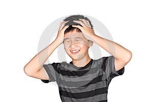 Asian boy kid holding his head frowning with screaming. pulling his hear for fake worry, sadness, desperation, funny, isolated on