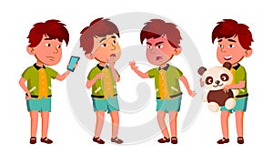 Asian Boy Kindergarten Kid Poses Set Vector. Caucasian Child Expression. Activity. For Banner, Flyer, Web Design