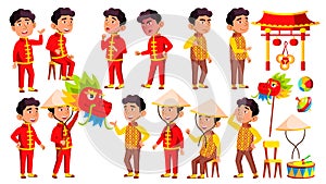 Asian Boy Kindergarten Kid Poses Set Vector. Festival, Dragon. Happy Children Character. Babysitting. For Advertisement