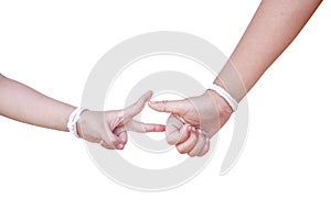 Asian boy and little child girl hands playing rock paper ,scissors   isolated on white background , clipping path