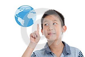 Asian boy pointing blue earth on white