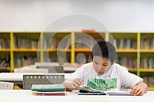 Asian boy reading a book in a library