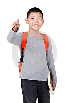 Asian Boy School kid holding book with backpack  Full Body isolated on White background.