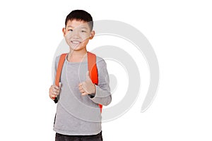 Asian Boy School kid holding book with backpack  Full Body isolated on White background. photo