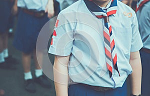 Asian boy scout group line up and prepare for boy scout camp.