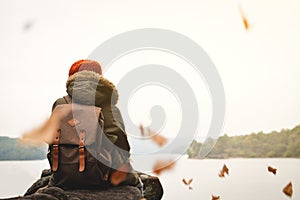 Asian boy sitting on park winter season