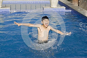 Asian boy is swimming in pool