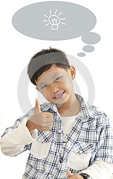 Asian boy thumps up and ad text area photo