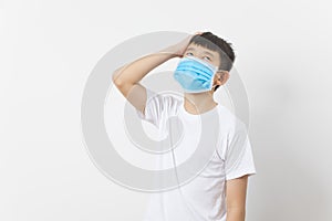 Asian boy wearing a mask getting sick by COVID - 19