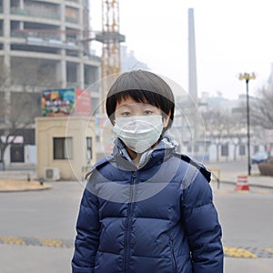 Asian boy wearing mouth mask against air pollution photo